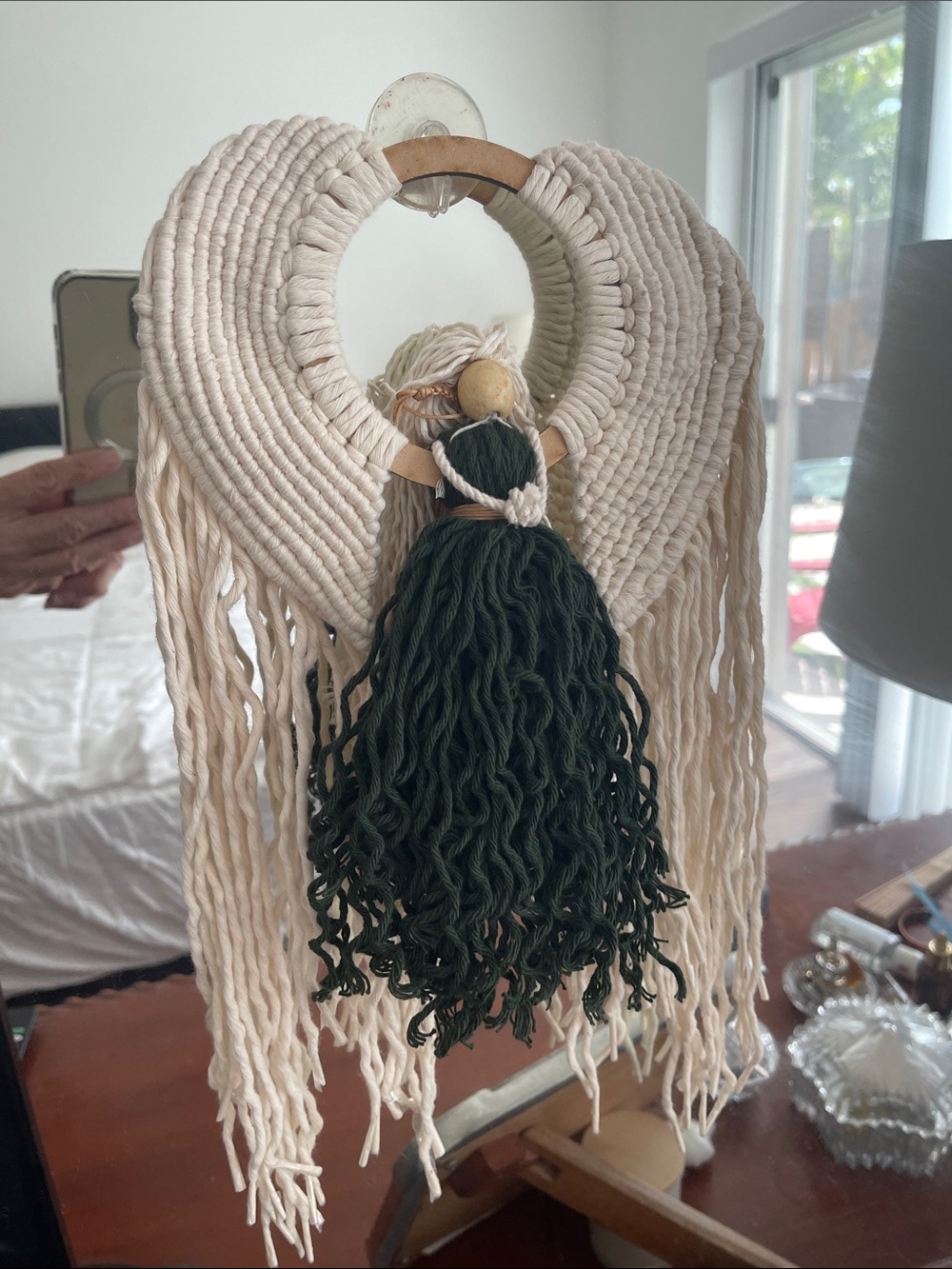 Handmade Macramé Angel Wall Hanging - Cream and Dark Green
